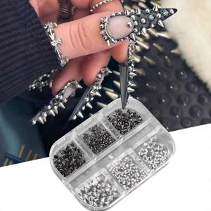 6그리드 3D 미니 펑크 메탈 네일 스터드 1/2/3mm 혼합 사이즈 실버리 블랙 네일 아트 참 합금 리벳 스틱 콘 DIY 공예 장식