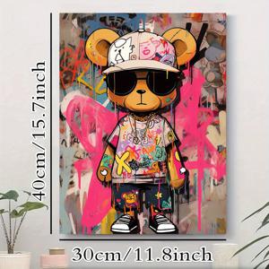 1개 대형 수직 30x40cm 모던 스트리트 아트 베어 벽화 - 캔버스 목재 프레임, 수직 베어 벽화, 홈, 카페, 오피스 장식용 - 현대 도시 예술작품, 2D 평면