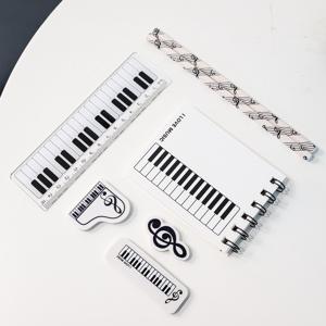 음악 테마 7종 문구 세트, 메모장 1개, 피아노 패턴 자 1개, 음표 연필 2개, 지우개 3개 포함, 음악 전문가 및 애호가용
