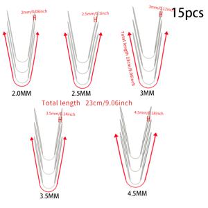 15개 원형 뜨개질 바늘 세트 (5가지 사이즈 포함), 23Cm 스테인리스 스틸 원형 뜨개질 바늘 (2Mm/2.5Mm/3Mm/3.5Mm/4.5Mm 포함), 작은 인형, 양말, 소매, 모자, 장갑, 스웨터 칼라, 동전 지갑, 애완동물 스웨터 제작에 적합