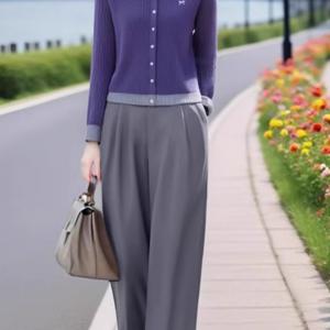 보라색 대비 라펠 가디건, 탄성 허리, 9단 바지 투피스 세트