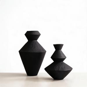 2개 3D 프린팅 PLA 무광 블랙 기하학적 꽃병 세트, 질감 있는 쌓인 원뿔형 꽃병, 드라이플라워용 모던 와비 사비 탁상용 가정 장식 선물