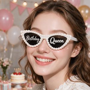 생일 퀸 진주 캣아이 장식용 파티 안경, 생일 사진 소품용 화이트 진주 장식 노블티 코스튬 안경, 생일 파티 선물, 파티 용품, 포토부스 소품
