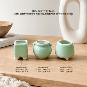 3개 미니 세라믹 화분 세트, 배수 구멍 포함, 녹색 크랙글레이 다육 식물 화분, 식물 미포함, 다육 식물, 선인장, 분재 및 실내 식물에 적합, 데스크탑, 가정, 사무실, 침실용 소형 화분
