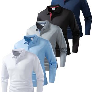 5개 남성용 긴팔 폴로 셔츠, 150GSM 경량 속건성 통기성 골프 셔츠, 대비 플래킷 칼라 티셔츠 남성, 작업 셔츠, 야외 훈련, 여행, 비즈니스 캐주얼, 봄 및 가을을 위한 고품질 골프 의류