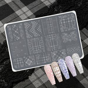 체크 레이스 플로럴 조합 스타일 패턴 신상 젠틀 시리즈 체크 레이스 패턴 네일 전사 스틸 플레이트 몰드