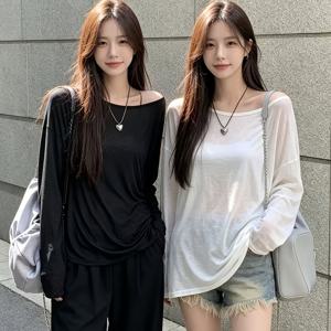2개 블랙 앤 화이트 콤비네이션 긴팔 블라우스 여성용 게으른 루즈핏 얇은 탑 올 시즌 다용도 편안한 오프숄더 탑 휴가 여행 자매 베스트 프렌드 스타일