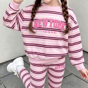 여아용 2pcs 세트, 라운드넥 스웨트셔츠 세트, 여아용 긴팔 라운드넥 탑 및 레깅스 세트, 패턴에 뉴욕 레터 엘리먼트, 봄 및 가을에 적합, 신학기 데일리 웨어, 야외 활동용