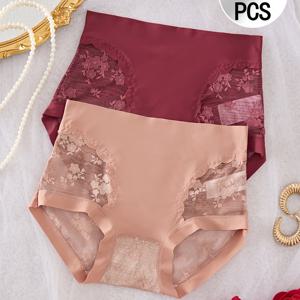하이웨이스트 복부 보정 여성 팬티 2개, 레이스 패치워크 - 리프팅 통기성 좋고 편안한 섹시한 시스루 여성 브리프