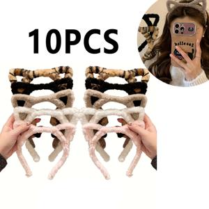 프린트 플러시 고양이 귀 머리띠 10개 - 여성을 위한 귀여운 빈티지 스타일 헤어 액세서리, 메이크업, 세안, 야외 활동에 적합