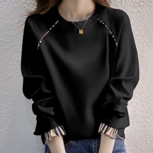 SunburstWonder 여성용 얇은 라운드넥 레이어드 스타일 순면 맨투맨 봄가을용 한국판 무후드 루즈핏 풀오버 긴팔