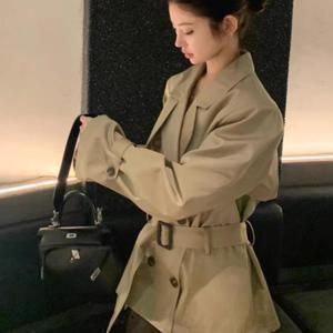 SunburstWonder 여성용 허리 라인 카키색 영국풍 트렌치코트 가을용 고급스럽고 품격 있는 숏 기장 상의