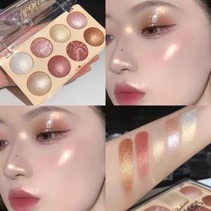8색 베이크 아이섀도우 팔레트 – 멀티 용도 하이라이터 & 컨투어 메이크업 팔레트, 쉬머 & 매트, 블렌딩 가능 롱래스팅 파우더