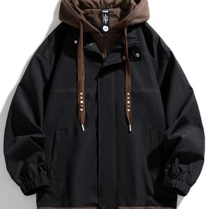 남성용 신상 봄/가을 2-in-1 룩 재킷, 청소년용 후드 , 트렌디한 브랜드 상의, 작업복 재킷, 남성용, 캐주얼 컬러 블록 디자인, 드로스트링과 주머니가 있는 지퍼, 다용도 남성용 재킷