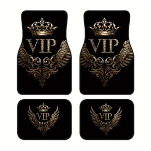 4개 세트 미끄럼방지 폴리에스터 자동차 바닥매트 - 킹 엠블렘 스타일 VIP 골드 로고 디자인, 승용차/트럭/SUV용, 쉽게 청소 가능한 실내 액세서리