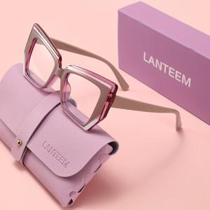 LANTEEM은 안경 케이스와 외부 보호 케이스가 함께 제공됩니다. 투명 렌즈가 있는 컬러 블록 비정형 프레임 여성용 평평하지 않은 상단의 독서용 안경 1쌍, Y2K 캣아이 대형 프레임 스타일. 일상 패션웨어 및 휴일 선물용으로 적합합니다