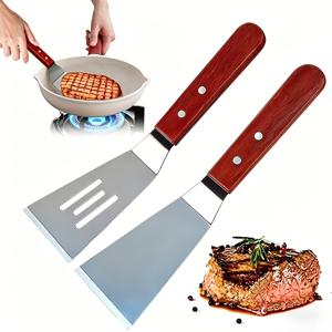 2개 스테인리스 스틸 뒤집개 (나무 손잡이), 튼튼한 BBQ 그릴 도구, 논스틱 조리 도구 (그릴, 버거 뒤집기, 피자 & 생선), 주방용품, 크리스마스, 할로윈 & 부활절 선물로 적합