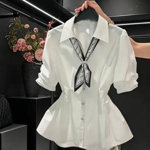 여성용 브이넥 타이업 화이트 반팔 셔츠, 새로운 여름 루즈핏 활용도 높은 허리 슬림핏 미모를 돋보이는 상의