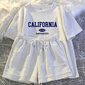 Spring/Summer Simple Short-Sleeve T-Shirt and Shorts Set with California San Francisco Print, Versatile Essential for Home and Travel