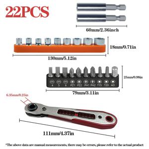 22개 미니 라쳇 스크루드라이버 세트 - 10개 라쳇 핸들 및 비트 (AD) 및 9개 소켓 및 2개 60mm 실버 퀵 릴리스 익스텐션 로드, 좁은 공간 수리 도구 조합, 가정/자동차 수리/가전제품 분해 및 수리 도구