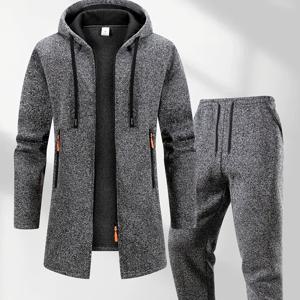 남성용 캐주얼 스포츠웨어 세트 2pcs, 남성용 스포츠 상하의 세트, 남성용 가을/겨울 안감 세트, 캐주얼하고 활용도 높은 미디엄 기장 후드 자켓과 캐주얼 스포츠 팬츠 세트, 상의 부분은 대비 색상 지퍼 포켓 디자인, 니트 자카드, 일상 캐주얼웨어에 적합, 편안하고 따뜻함, 봄, 가을, 겨울에 적합, 아웃도어 캐주얼 스포츠웨어