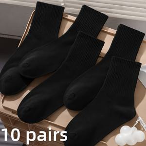 여성용 단색 중목 양말 10켤레, 커플 양말, 통기성 양말, 보온 양말, 긴 양말, 캐주얼 양말, 스포츠 양말, 양말, 블랙, 부드러운, 편안한, 귀여운, 독특한, 패셔너블한, 가을 겨울 , 사무실, 집, 통근, 휴일 의상에 적합