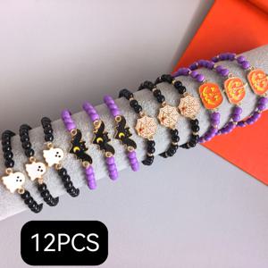 호박, 박쥐, 거미줄 요소가 포함된 할로윈 대용량 세트 12개 - 커플, 친구, 파티, 남성, 여성을 위한 창의적이고 귀여운 팔찌 - 부활절과 망자의 날을 위한 휴일 기념 선물