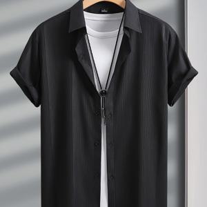 남성용 반팔 드레스 셔츠, 95% 폴리에스터 5% 스판덱스, 슬림핏 스트레치 원단, 논슬리핑 주름 방지, 텍스처 핀스트라이프 디자인, 캐주얼 버튼, 직장, 휴가 및 스트리트웨어