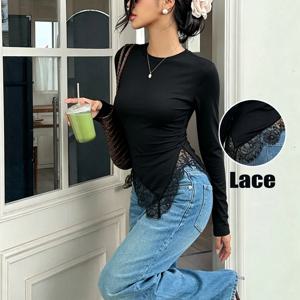 여성 가을 신상 이지 패션 캐주얼 비대칭 밑단 레이스 패치워크 라운드넥 긴팔 슬림핏 티셔츠 탑