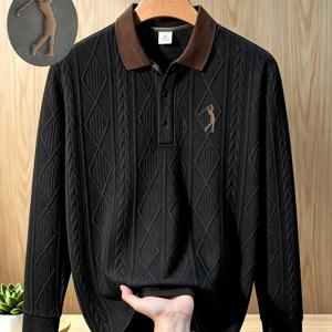 추수감사절 가을/겨울 남성용 긴팔 폴로 셔츠, 대비 색상 칼라, 3D 엠보싱 폼 골프 패턴, 랜덤 프린트, 질감 있는 자카드 원단, 기계 세탁 가능, 스타일리시하고 다용도, 캐주얼 데일리 웨어, 성숙하고 안정적인 패션 스타일, 가을/겨울에 적합, 따뜻함과 스타일을 결합, 남자친구나 아버지를 위한 선물로 이상적