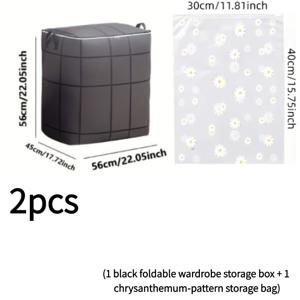 2개 세트(검정색 접이식 옷장 수납함 1개 + 국화 패턴 수납 가방 1개), 쌓을 수 있는 대용량 수납함, 공간 절약형 강화 퀼트 수납함 및 이불용 이사 포장백, 침대 밑 수납함