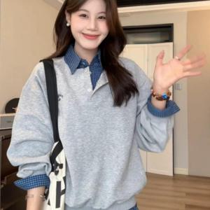 SunburstWonder 여성용 디자인감 레이어드 느낌 배색 배색 그레이 맨투맨 봄가을 시즌 얇은 두께의 한국판 캐주얼 루즈핏 긴소매 상의