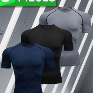 3pcs 남성용 퀵드라이 솔리드 컬러 러닝 베이스 레이어 캐주얼 피트니스 스포츠웨어, 가볍고 통기성 좋은 수분 흡수 압축 슬림핏 반팔 티셔츠, 남성 티셔츠, 타이트 핏, 베이스 레이어 셔츠, 홈웨어, 아웃도어 하이킹, 헬스 운동