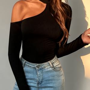 여성용 엘레강스 긴팔 셔츠 티셔츠, 홀터넥 오프숄더 디자인, 슬림핏 실루엣, 골지 스트레치 원단