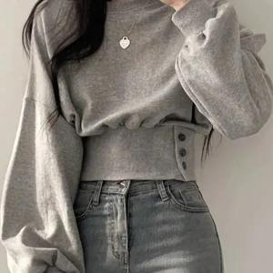 가을/겨울 단색 드롭 숄더 긴소매 버튼 웨이스트 캐주얼 스웨트셔츠, 가을/겨울 졸업식 의류, 신학기 의류