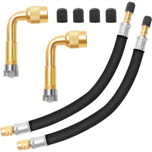 블랙 슈래더 밸브 스템, 210mm, 골든 90도 굽은 노즐 2개, 블랙 플라스틱 캡 2개, 총 4개. 8.25인치 플렉시블 밸브 스템 익스텐더와 90도 황동 타이어 밸브 익스텐션 어댑터가 포함된 밸브 스템 연장 키트 포함. 자전거, , 자동차, 트럭, 스쿠터에 적합