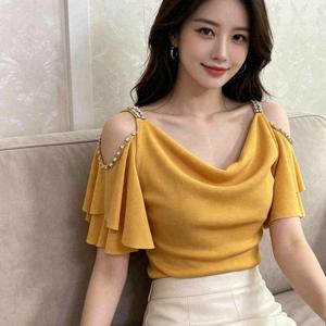 2026년 신상 오프숄더 러플 비즈 라인스톤 슬리밍 반팔 상의 여성