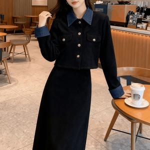 여성 봄철 가을 겨울 고급 원피스 햅번풍 세트 스커트 투피스 스타일리쉬 배색 디자인 빈티지 버튼 원단이 부드럽고 편안하며 두껍게 따뜻한 일상 통근 슬림소녀