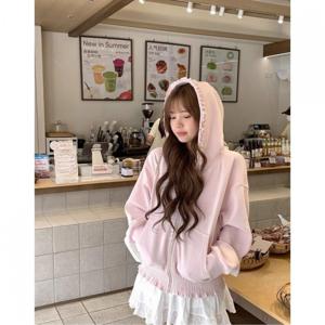 여성 프릴 후드집업 가디건 루즈핏 여리여리한 체형커버 셔링 밴딩 집업점퍼 유니크 러블리 발레코어 데이트룩 꾸안꾸 간절기 아우터 핑크