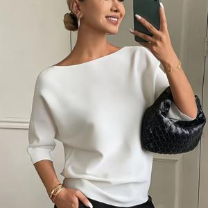 여성용 우아한 V넥 단색 루즈핏 다용도 스웨터, 부드러운 반팔 오프숄더 티셔츠, 데일리 캐주얼 모임 및 파티에 적합