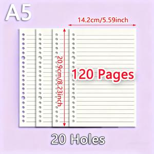 A5 사이즈 20구 루스리프 노트 리필 60매/120페이지 루스리프 노트 리필, 줄자 리필, 격자 리필, 빈 리필, 잉크 번짐 없는 부드러운 필기, 루스리프 바인더 노트 플래너 다이어리 개인 정리함 예산 플래너