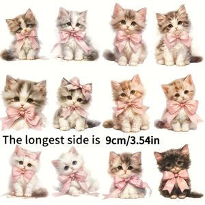 수채화 핑크 리본을 맨 고양이 시리즈 열전사 다리미 패치 12개 - 2D - 소형 미니 DIY 비닐 다리미 열전사지, 티셔츠, 가방, 모자 및 기타 의류용