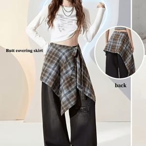 빈티지 체크무늬 엉덩이 커버 스커트, 레이어드용 안감 1개, 엉덩이 커버 셔츠 밑단
