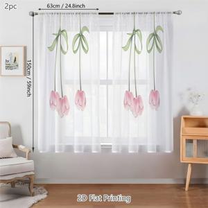 2D 플랫, 침실용 2pcs 패널 쉬어 커튼 - 섬세한 핑크 튤립이 있는 세미 쉬어 로드 포켓 창문 드레이프, 식당용 무료 패널, 세탁기 사용 가능, 2D 플랫