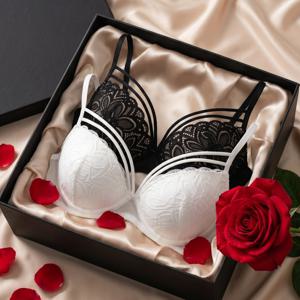 우아한 푸쉬업 브라 2개 세트, 언더와이어 및 통기성 컵 포함 - 탈부착 불가 패딩 버스트 패널, 본잉, 일상복용으로 적합, 특별한 날을 위한 클래식 블랙/화이트 레이스 브라