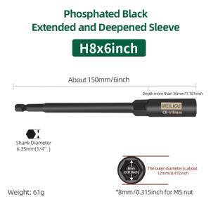 1개 연장형 150mm 딥 소켓 헤드, 전동 공구용 액세서리 아님, 효과적인 직수나사형 직수축 길이 30mm 이상, 녹 방지를 위한 흑인산염 인산처리, 흔들림 방지를 위한 높은 동심도로 선별, 핸드 드릴, 에어 임팩트 렌치 및 기타 기계와의 설치에 적합