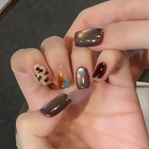 일상 및 특별한 날에 어울리는 30개입 짧은 사다리꼴 누름식 인조네일, 컬러 블록 프린트 및 한국 스타일의 캣아이 광택 인조네일, 파티, 데이트, 매니큐어용 젤리 접착제와 네일 파일이 포함된 재사용 가능한 인조 손톱