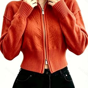여성용 짧은 스탠드업 칼라 더블 지퍼 가디건, 긴소매 단색 크롭 스웨터 재킷, 우아한 슬림핏 탑, 캐주얼 Y2K 스타일 지퍼 크롭 탑, 봄, 가을, 겨울 일상복으로 다용도로 활용 가능, 여성 사무복, 외출, 파티, 생일, 결혼식 및 기타 행사에 적합하며 우아하고 적절합니다. 크롭 스타일을 주문할 때 주의하십시오.