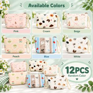 12개 랜덤 색상 미니 지퍼 파우치 세트, 귀여운 프린트 동전 지갑 (손목 스트랩 포함), 동전, 열쇠, 이어버드, 화장품, 선물 및 파티 답례품을 위한 작은 수납 가방