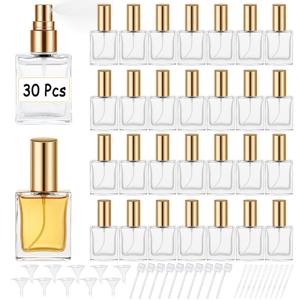 고품질 15ml 투명 유리 향수 스프레이 병 30개, DIY 향수, 코롱, 여행용 펌프 도구, 드로퍼, 깔때기 포함 미니 빈 향수병 (골든, 실버리, 블랙)